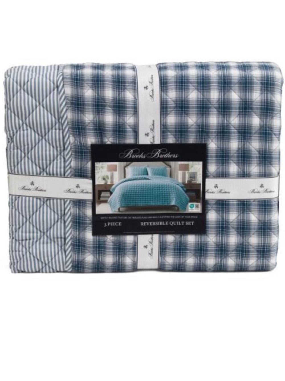 Brooks Brothers Navy and White Plaid Reversible Quilt Set